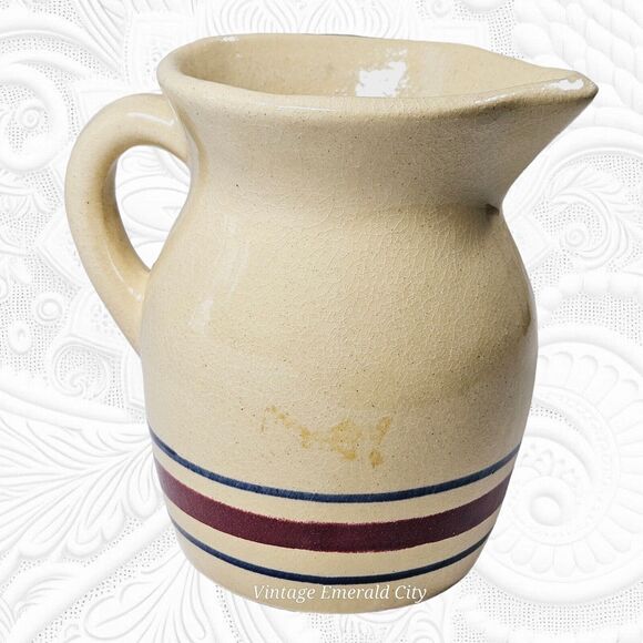 Vintage Robinson Ransbottom Pottery Roseville Ohio #850 1 Qt Pitcher Blue & Red - Picture 15 of 15